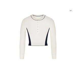 SKIMS Stretch Cotton Rib Long Sleeve Crop Henley -Marble/Navy (L) NEW